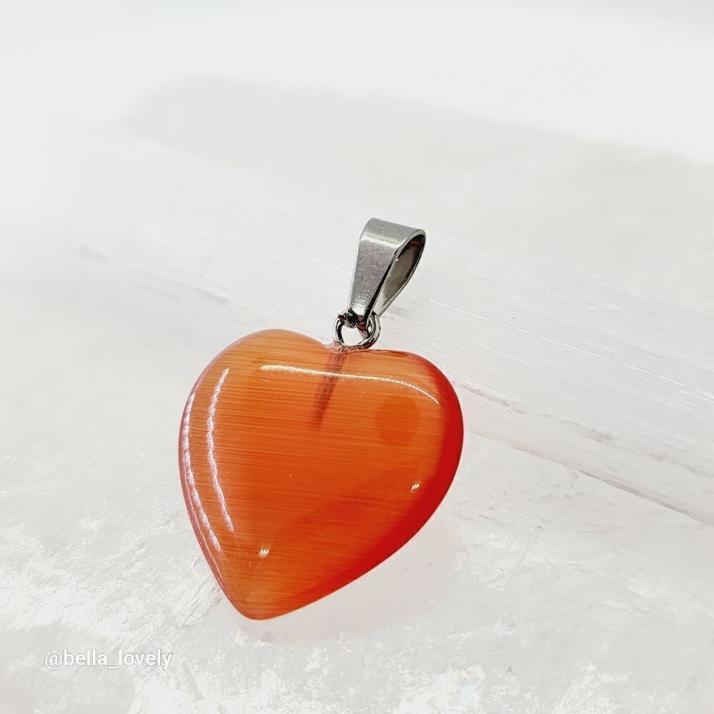 Red Orange Cat Eye Heart Pendant Handmade Jewelry Gift 1.15"